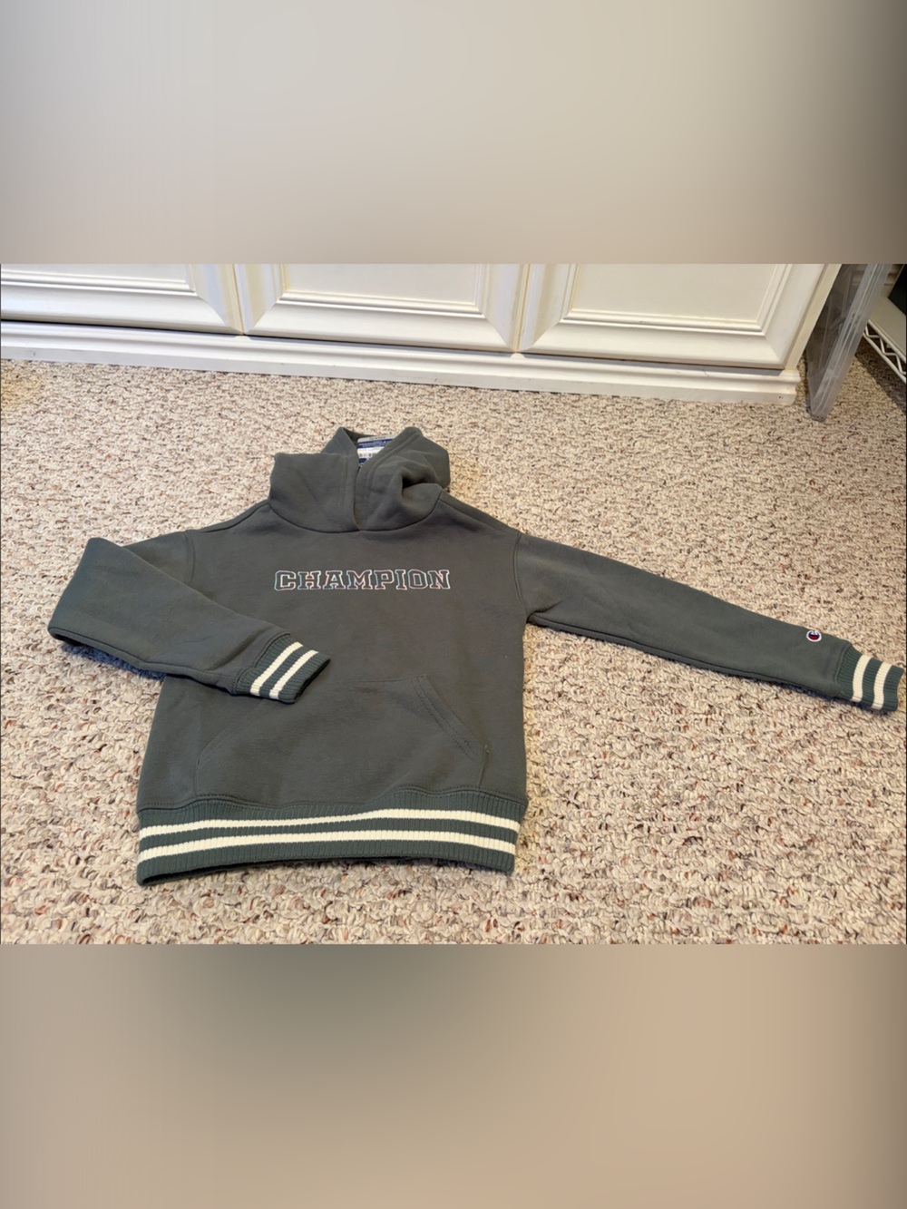 Champion Olive Green Logo Pullover Hoodie with Cream Stripe Accents